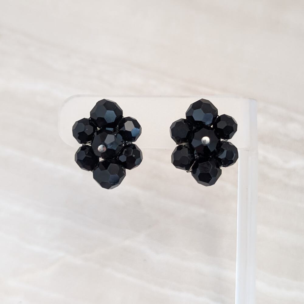 Vintage Coro Clip On Earrings Black Glass? Beaded Cluster 1"